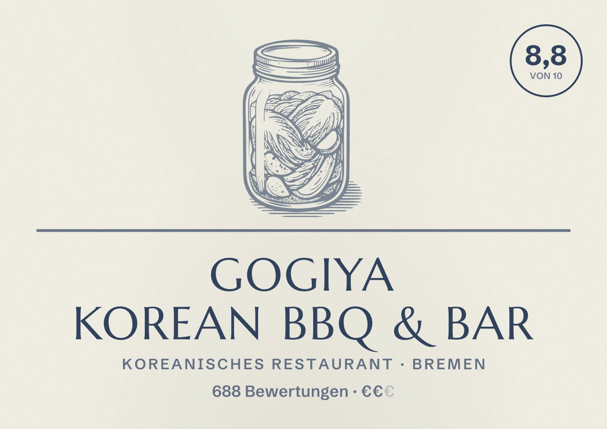 Illustriertes Poster von GOGIYA Korean BBQ & BAR, Koreanisches Restaurant in Bremen: Bewertung 8,8 von 10 aus 688 Bewertungen, Preisniveau €€