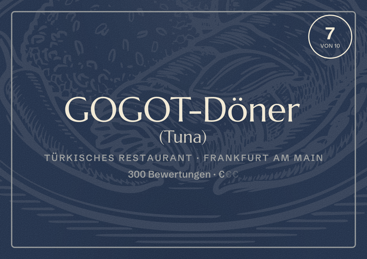 Illustriertes Poster von GOGOT-Döner (Tuna), Türkisches Restaurant in Frankfurt am Main: Bewertung 7,0 von 10 aus 300 Bewertungen, Preisniveau €