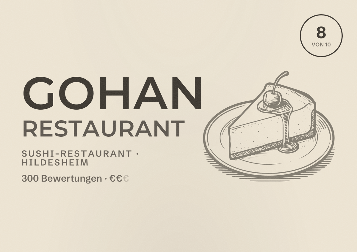 Illustriertes Poster von Gohan Restaurant, Sushi-Restaurant in Hildesheim: Bewertung 8 von 10 aus 300 Bewertungen, Preisniveau €€