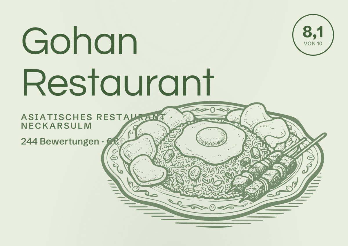 Illustriertes Poster von Gohan Restaurant, Asiatisches Restaurant in Neckarsulm: Bewertung 8,1 von 10 aus 244 Bewertungen, Preisniveau €€