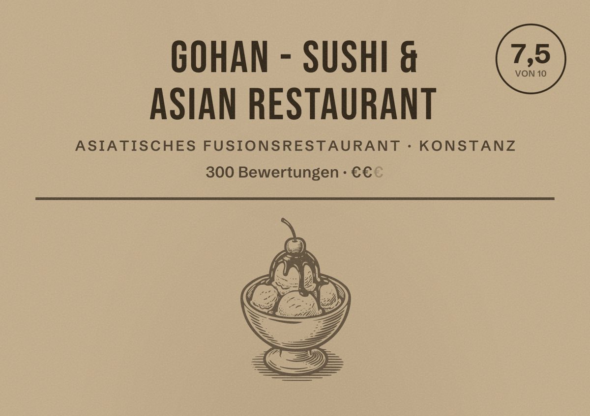Illustriertes Poster von Gohan - Sushi & asian restaurant, Asiatisches Fusionsrestaurant in Konstanz: Bewertung 7,5 von 10 aus 300 Bewertungen, Preisniveau €€