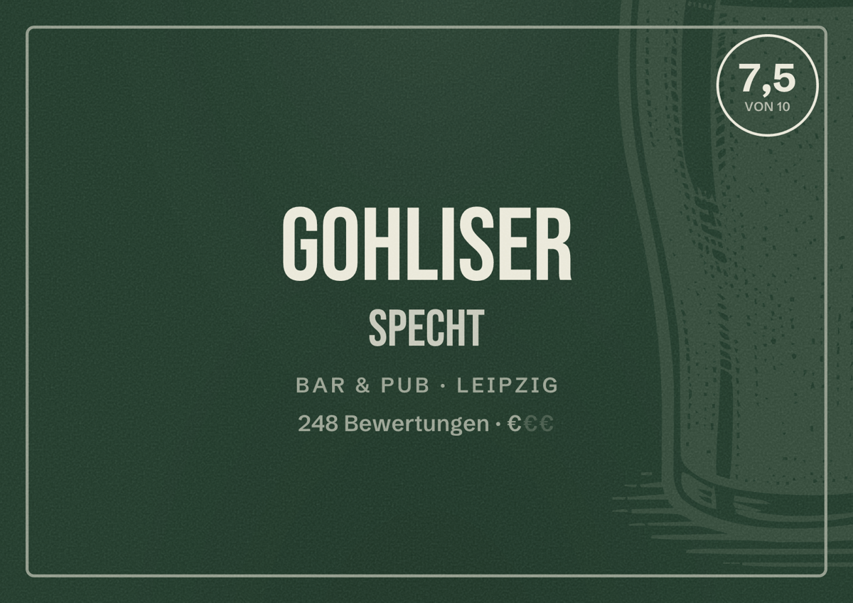 Illustriertes Poster von Gohliser Specht, Bar & Pub in Leipzig: Bewertung 7,5 von 10 aus 248 Bewertungen, Preisniveau €