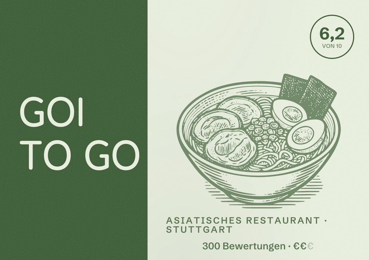 Illustriertes Poster von GOI TO GO, Asiatisches Restaurant in Stuttgart: Bewertung 6,2 von 10 aus 300 Bewertungen, Preisniveau €€