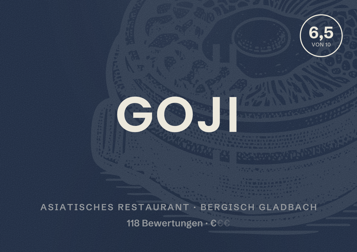 Illustriertes Poster von Goji, Asiatisches Restaurant in Bergisch Gladbach: Bewertung 6,5 von 10 aus 118 Bewertungen, Preisniveau €
