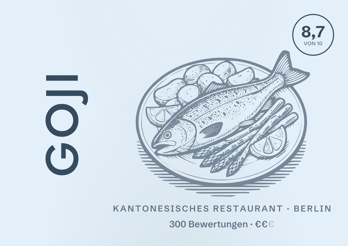 Illustriertes Poster von Goji, Kantonesisches Restaurant in Berlin: Bewertung 8,7 von 10 aus 300 Bewertungen, Preisniveau €€