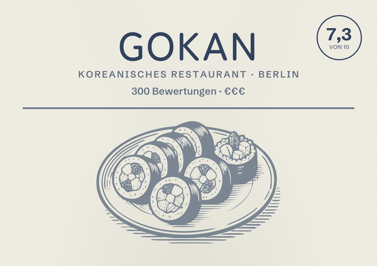Illustriertes Poster von Gokan, Koreanisches Restaurant in Berlin: Bewertung 7,3 von 10 aus 300 Bewertungen, Preisniveau €€€