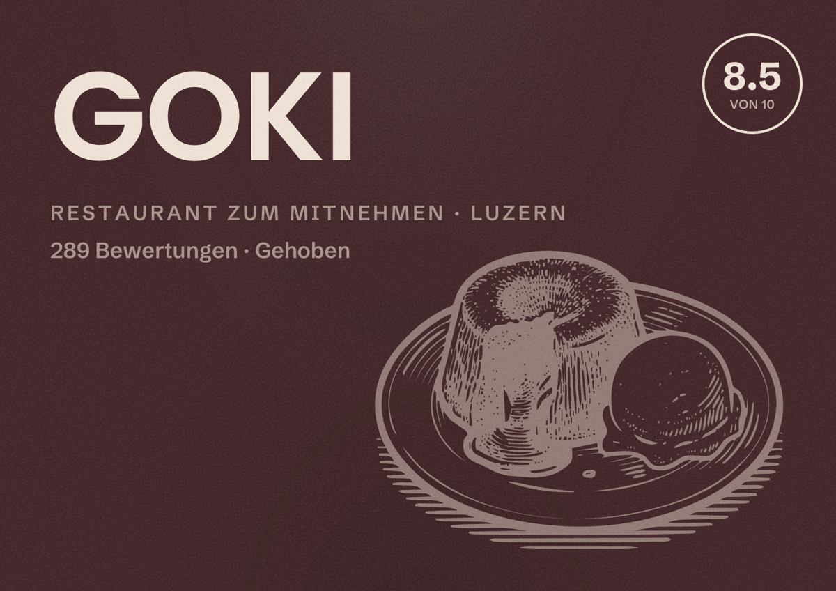 Illustriertes Poster von GOKI, Restaurant zum Mitnehmen in Luzern: Bewertung 8.5 von 10 aus 289 Bewertungen, Preisniveau Gehoben