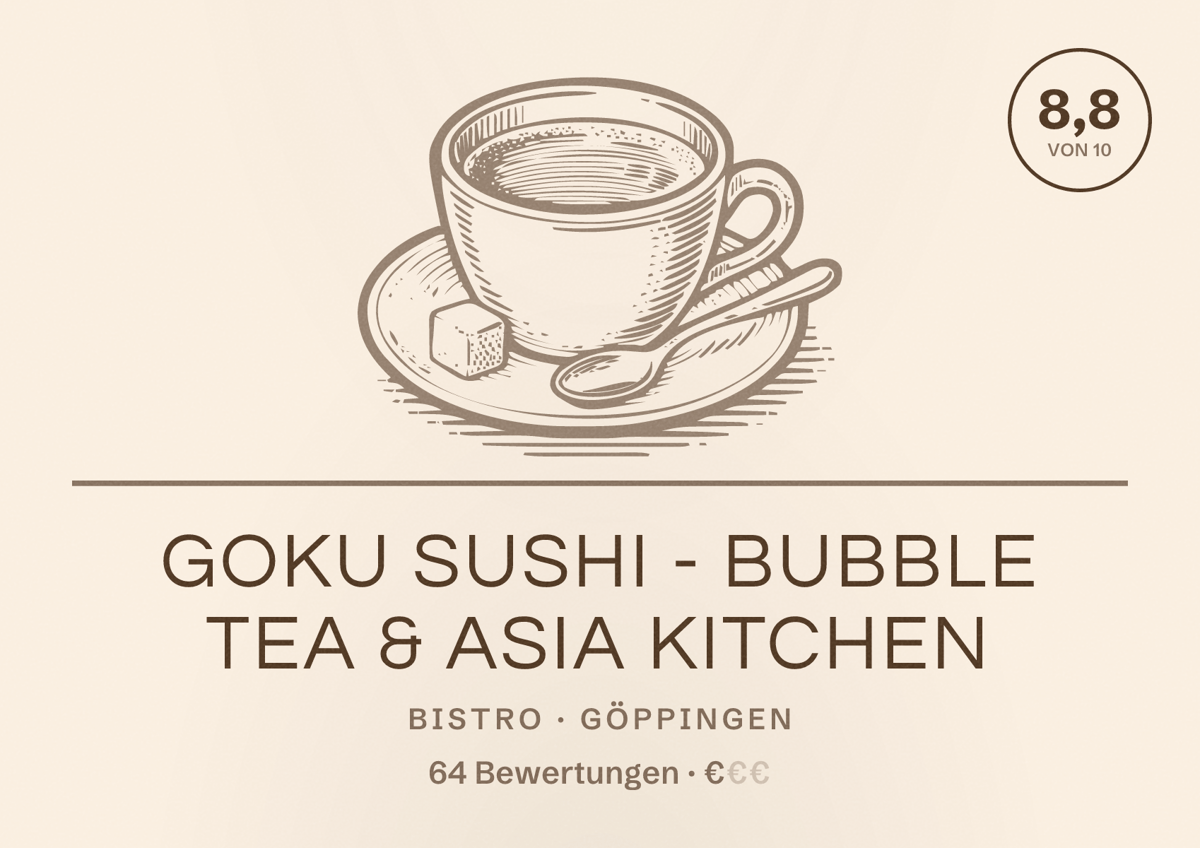 Illustriertes Poster von Goku Sushi - Bubble Tea & Asia Kitchen, Bistro in Göppingen: Bewertung 8,8 von 10 aus 64 Bewertungen, Preisniveau €