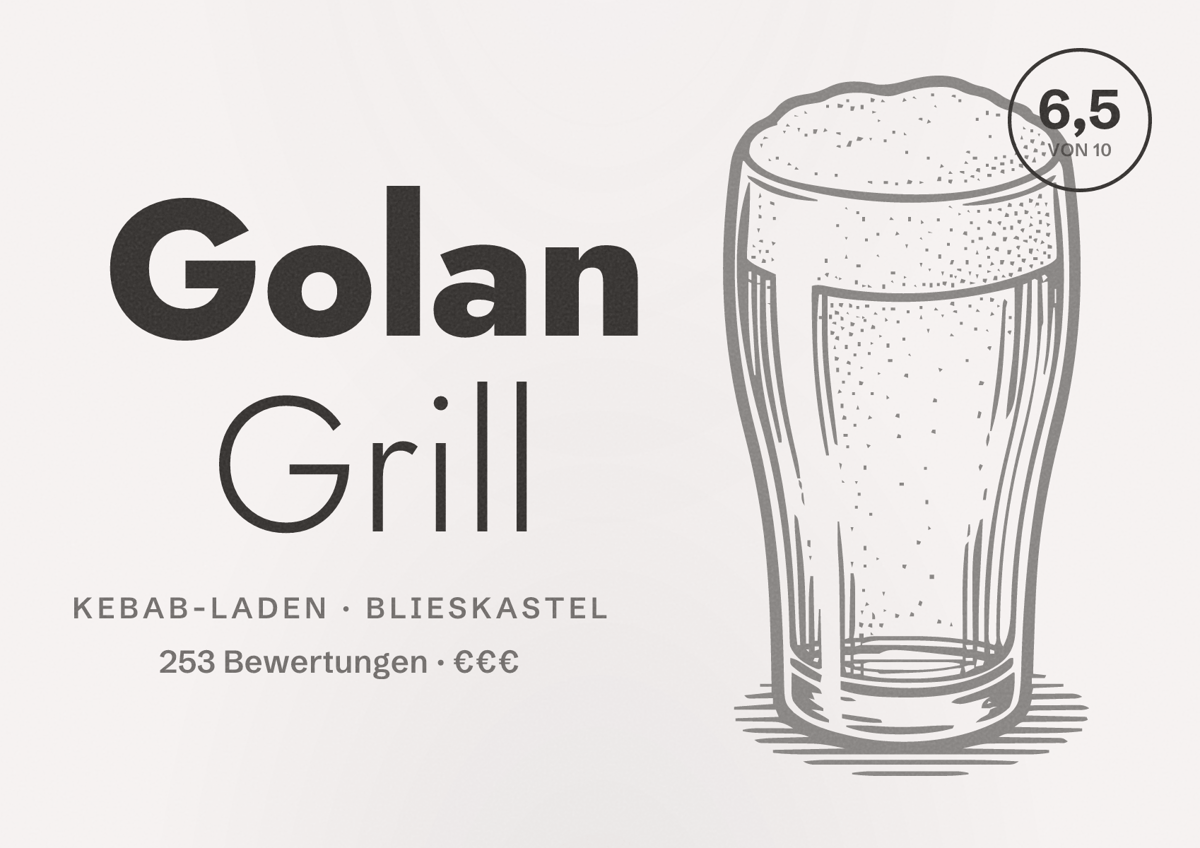 Illustriertes Poster von Golan Grill, Kebab-Laden in Blieskastel: Bewertung 6,5 von 10 aus 253 Bewertungen, Preisniveau €€€