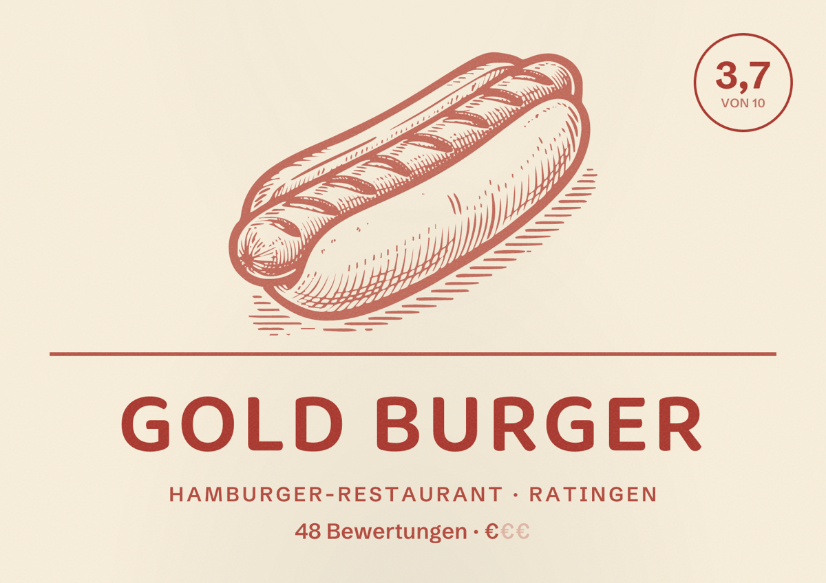 Illustriertes Poster von GOLD Burger, Hamburger-Restaurant in Ratingen: Bewertung 3,7 von 10 aus 48 Bewertungen, Preisniveau €