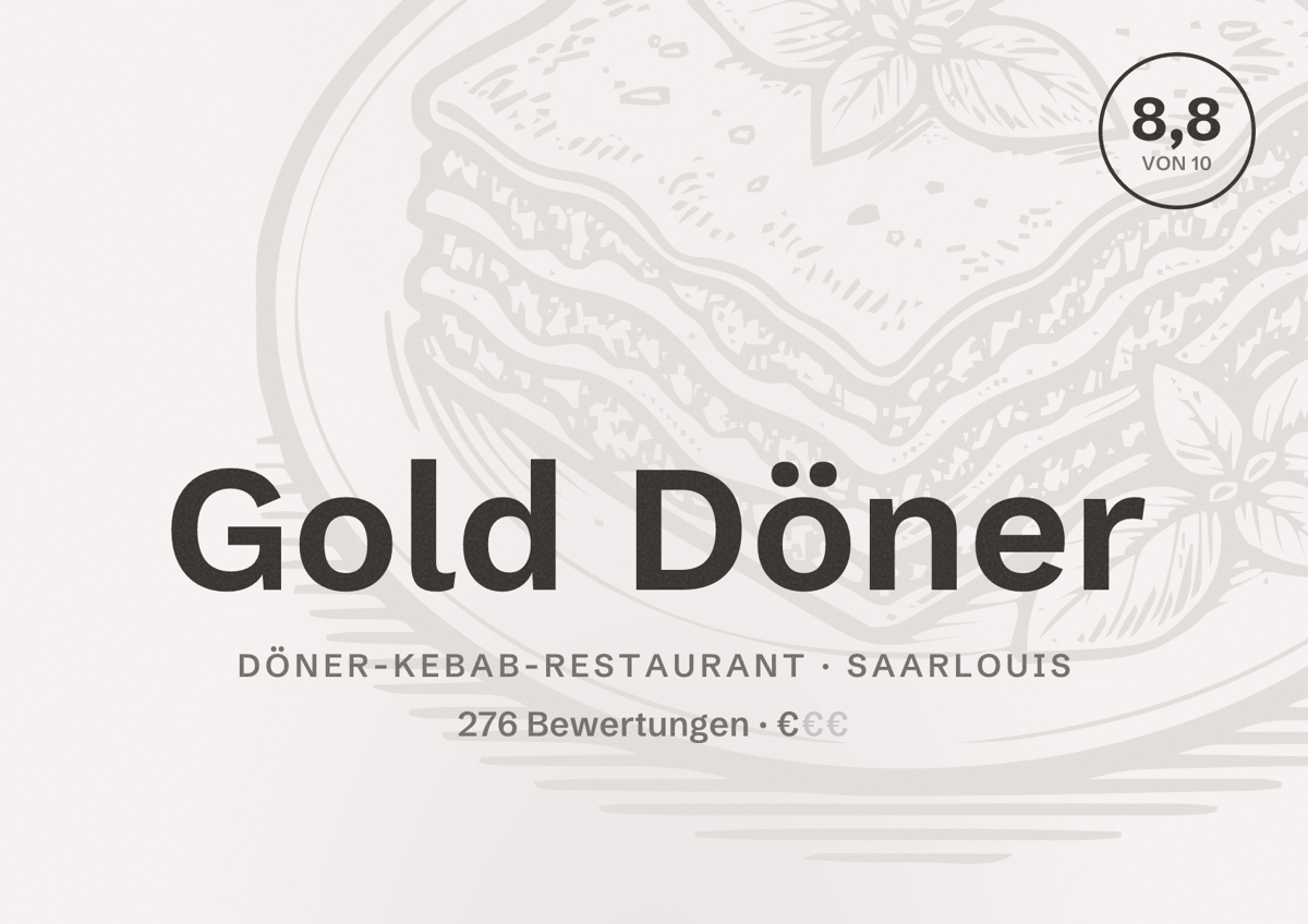 Illustriertes Poster von Gold Döner, Döner-Kebab-Restaurant in Saarlouis: Bewertung 8,8 von 10 aus 276 Bewertungen, Preisniveau €
