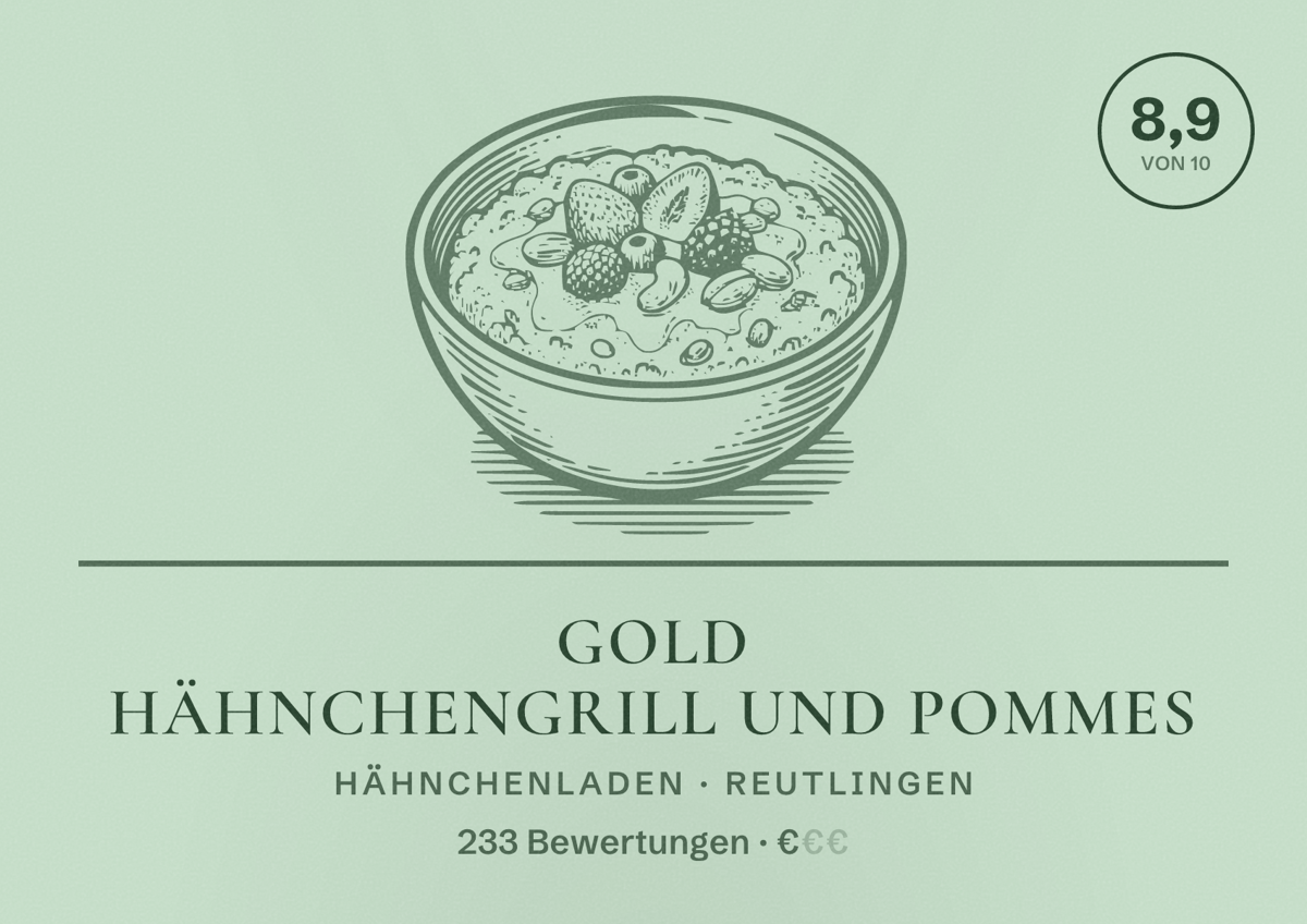 Illustriertes Poster von Gold Hähnchengrill und Pommes, Hähnchenladen in Reutlingen: Bewertung 8,9 von 10 aus 233 Bewertungen, Preisniveau €