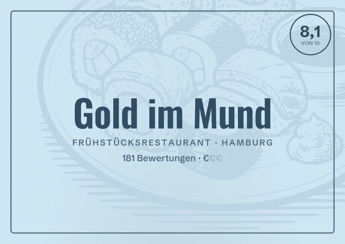 Illustriertes Poster von Gold im Mund, Frühstücksrestaurant in Hamburg: Bewertung 8,1 von 10 aus 181 Bewertungen, Preisniveau €