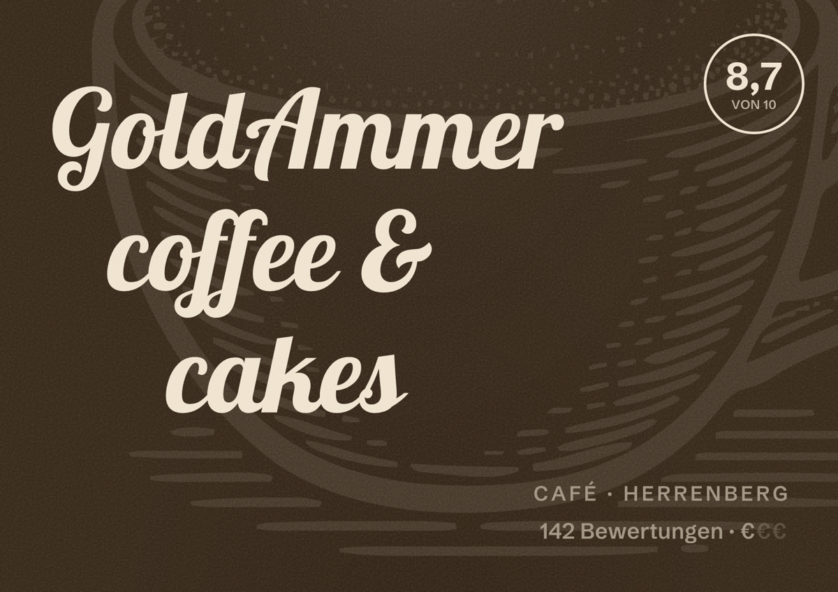 Illustriertes Poster von GoldAmmer coffee & cakes, Café in Herrenberg: Bewertung 8,7 von 10 aus 142 Bewertungen, Preisniveau €