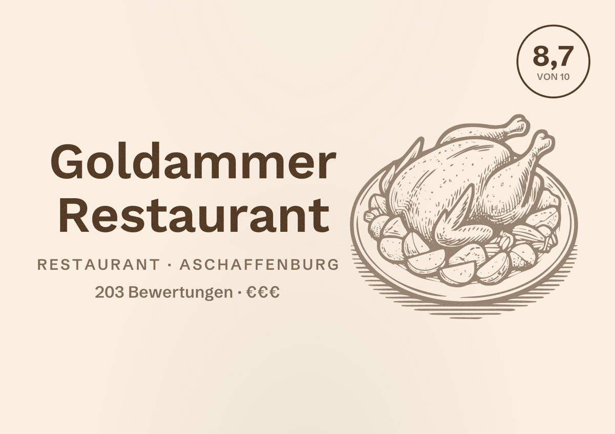 Illustriertes Poster von Goldammer Restaurant, Restaurant in Aschaffenburg: Bewertung 8,7 von 10 aus 203 Bewertungen, Preisniveau €€€
