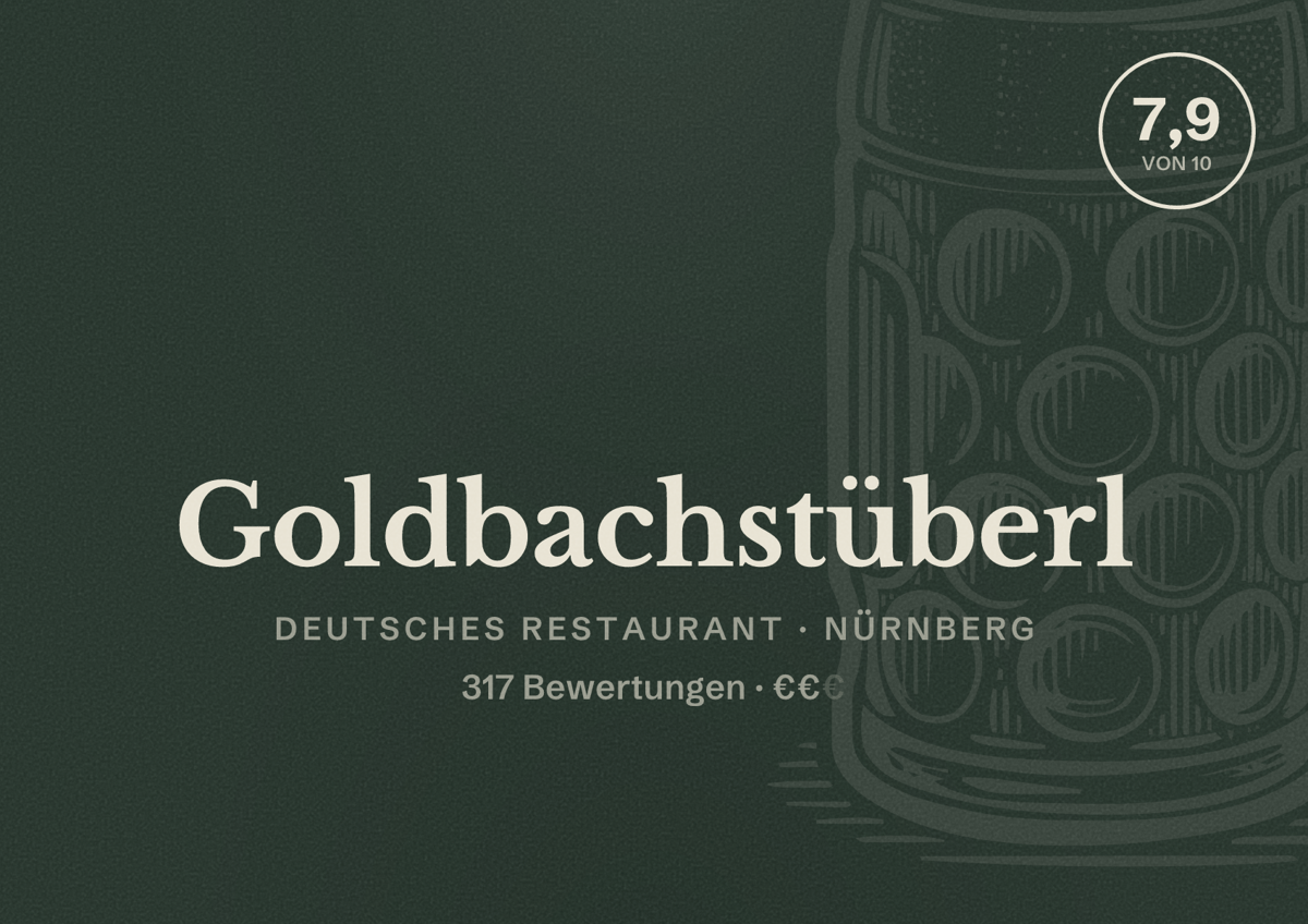 Illustriertes Poster von Goldbachstüberl, Deutsches Restaurant in Nürnberg: Bewertung 7,9 von 10 aus 317 Bewertungen, Preisniveau €€