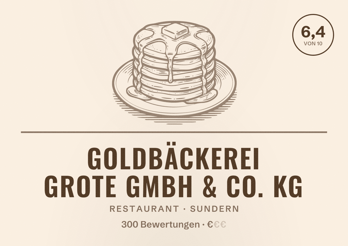 Illustriertes Poster von Goldbäckerei Grote GmbH & Co. KG, Restaurant in Sundern: Bewertung 6,4 von 10 aus 300 Bewertungen, Preisniveau €