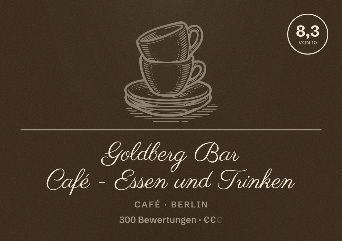 Illustriertes Poster von Goldberg Bar Café - Essen und Trinken, Café in Berlin: Bewertung 8,3 von 10 aus 300 Bewertungen, Preisniveau €€