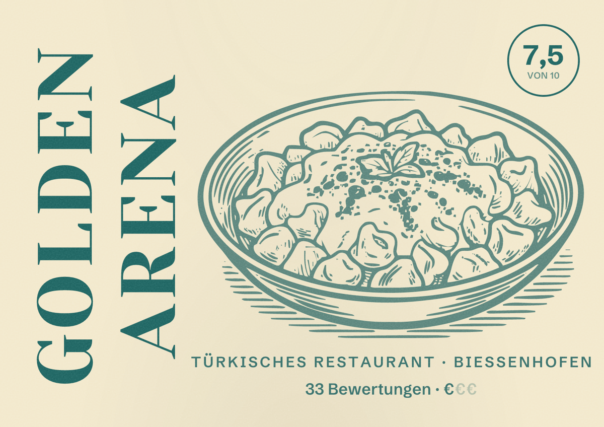 Illustriertes Poster von Golden Arena, Türkisches Restaurant in Biessenhofen: Bewertung 7,5 von 10 aus 33 Bewertungen, Preisniveau €