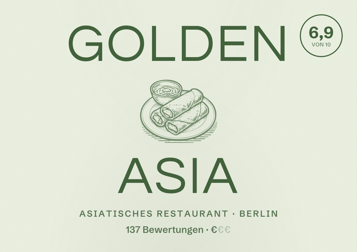 Illustriertes Poster von Golden Asia, Asiatisches Restaurant in Berlin: Bewertung 6,9 von 10 aus 137 Bewertungen, Preisniveau €