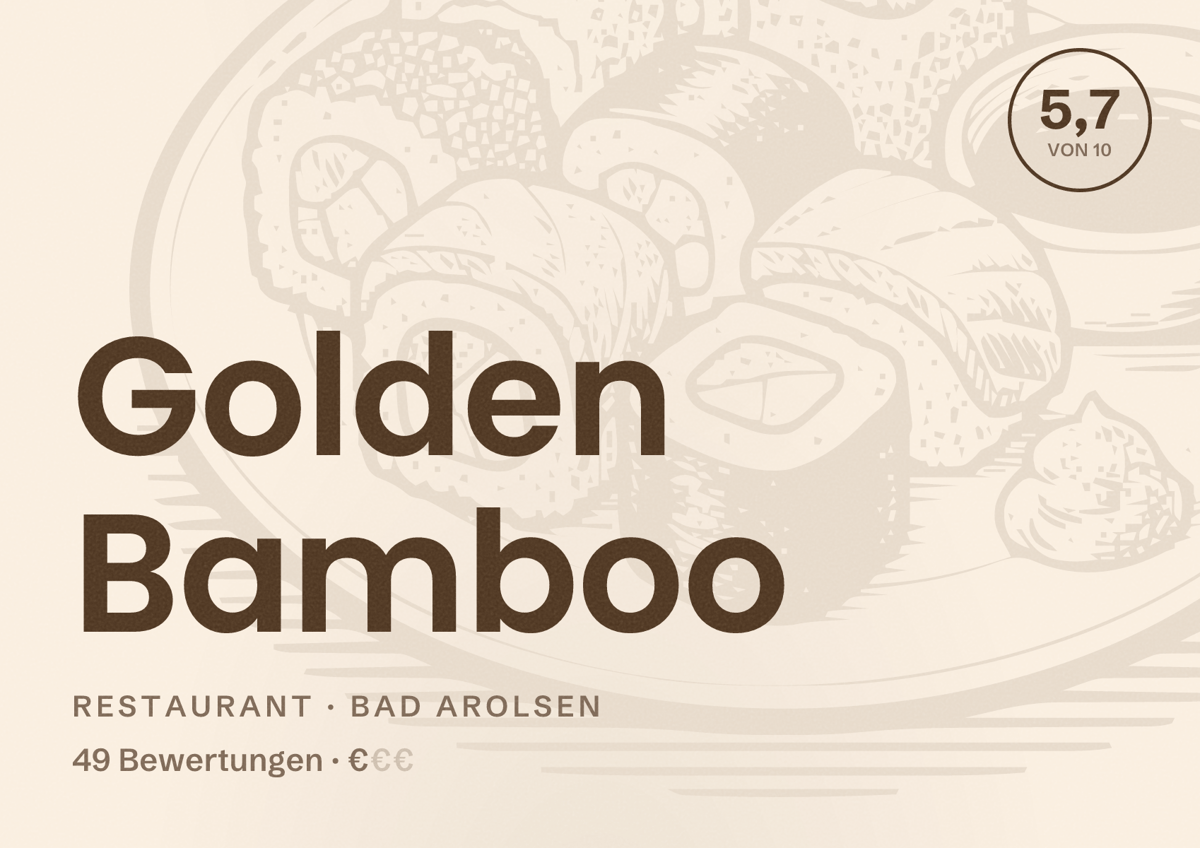 Illustriertes Poster von Golden Bamboo, Restaurant in Bad Arolsen: Bewertung 5,7 von 10 aus 49 Bewertungen, Preisniveau €