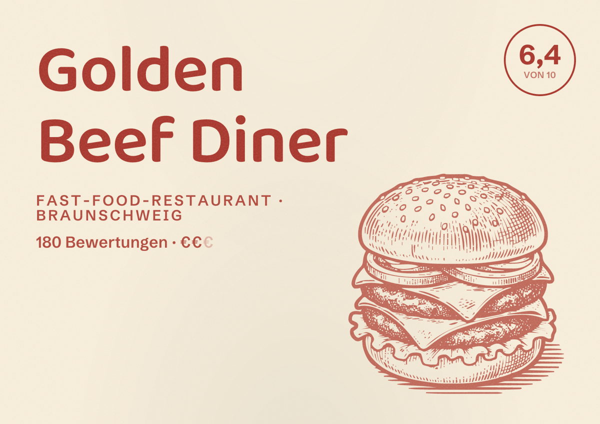 Illustriertes Poster von Golden Beef Diner, Fast-Food-Restaurant in Braunschweig: Bewertung 6,4 von 10 aus 180 Bewertungen, Preisniveau €€