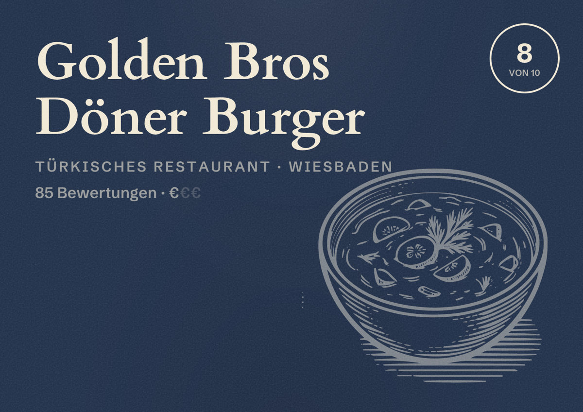 Illustriertes Poster von Golden Bros Döner Burger, Türkisches Restaurant in Wiesbaden: Bewertung 8,0 von 10 aus 85 Bewertungen, Preisniveau €