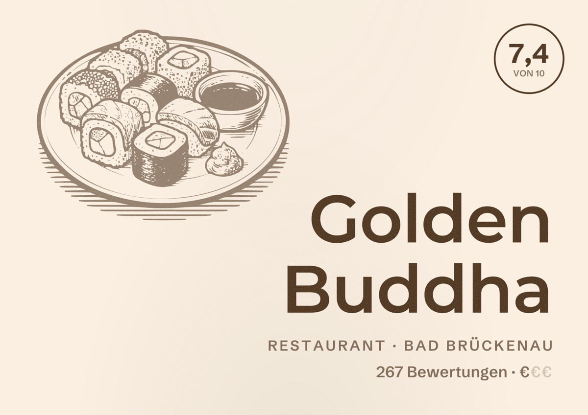 Illustriertes Poster von Golden Buddha, Restaurant in Bad Brückenau: Bewertung 7,4 von 10 aus 267 Bewertungen, Preisniveau €