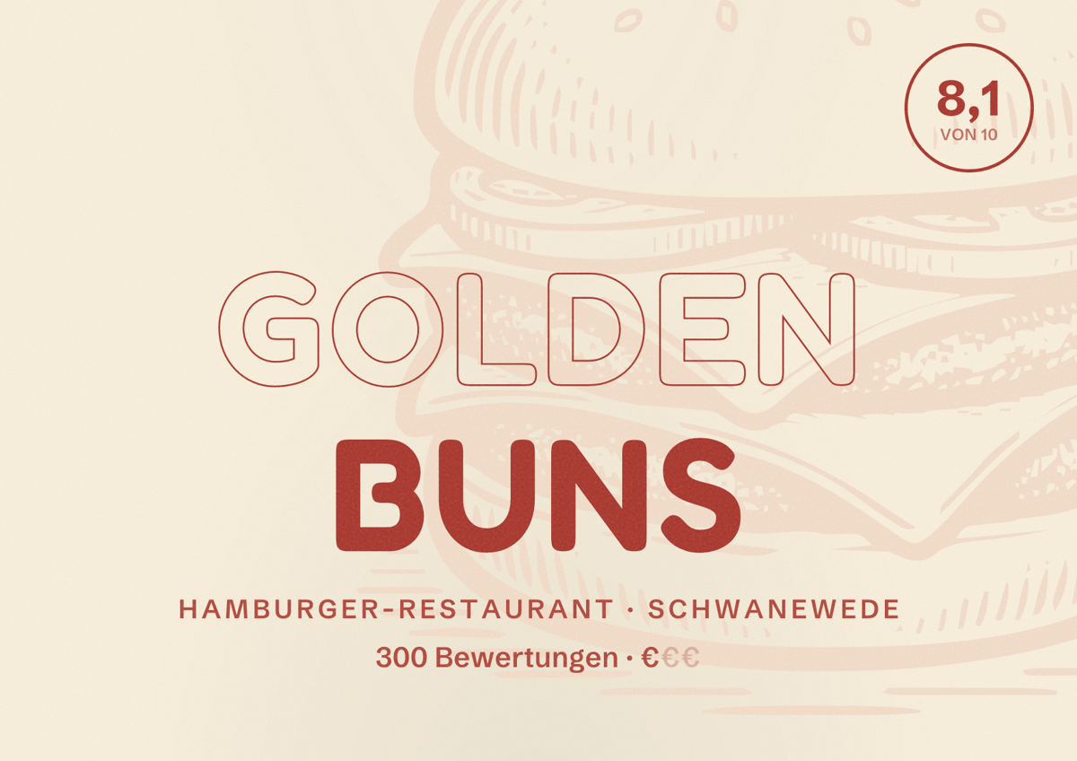 Illustriertes Poster von Golden Buns, Hamburger-Restaurant in Schwanewede: Bewertung 8,1 von 10 aus 300 Bewertungen, Preisniveau €
