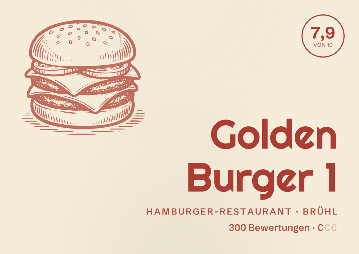 Illustriertes Poster von Golden Burger 1, Hamburger-Restaurant in Brühl: Bewertung 7,9 von 10 aus 300 Bewertungen, Preisniveau €
