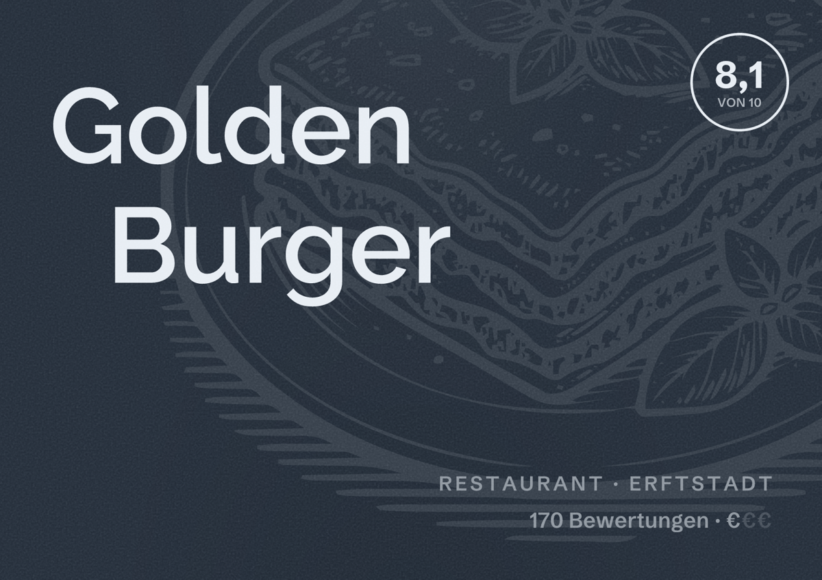 Illustriertes Poster von Golden Burger, Restaurant in Erftstadt: Bewertung 8,1 von 10 aus 170 Bewertungen, Preisniveau €