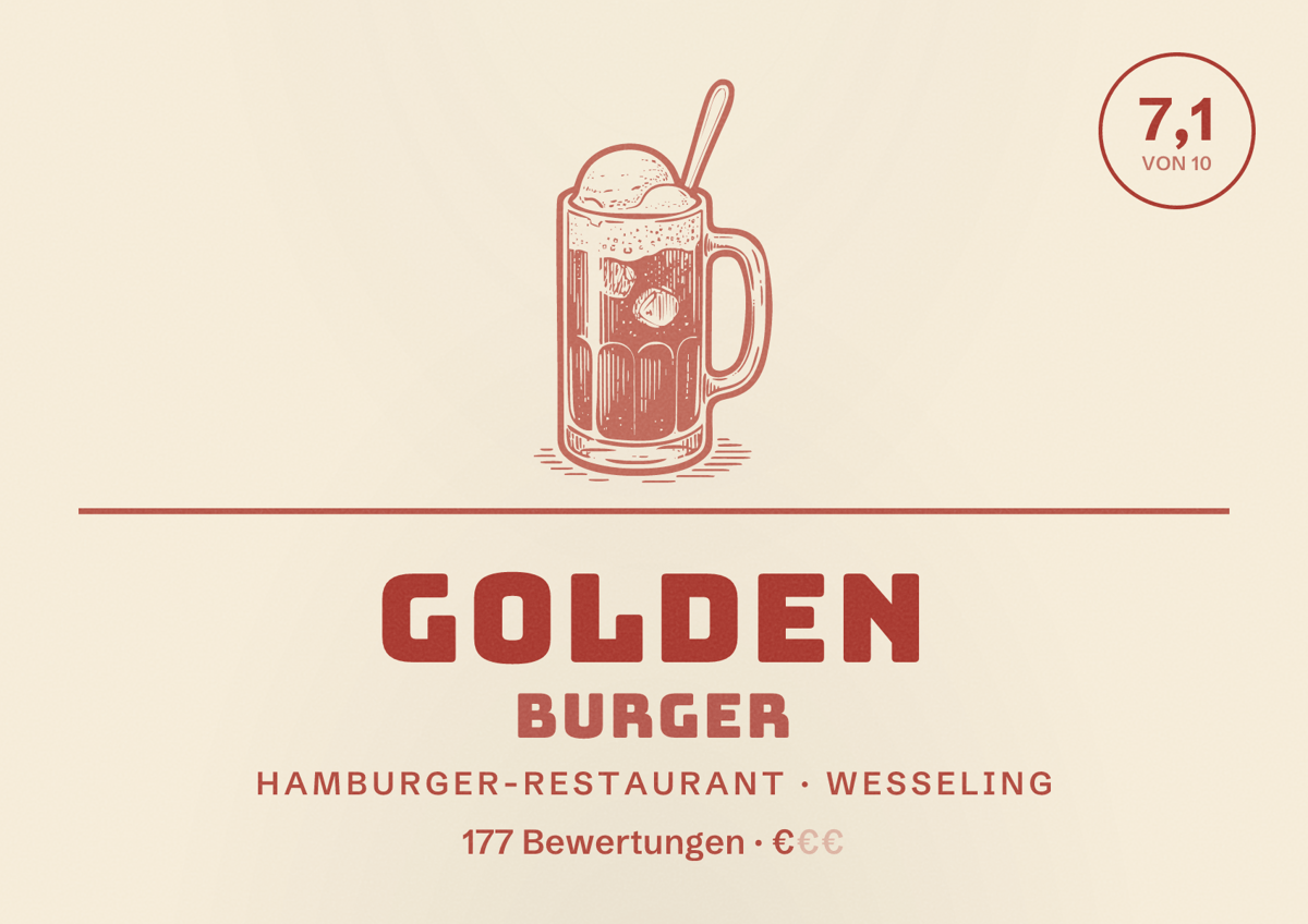 Illustriertes Poster von Golden Burger, Hamburger-Restaurant in Wesseling: Bewertung 7,1 von 10 aus 177 Bewertungen, Preisniveau €