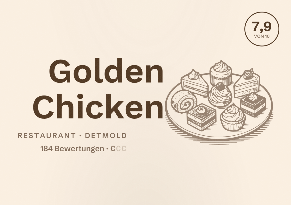 Illustriertes Poster von Golden Chicken, Restaurant in Detmold: Bewertung 7,9 von 10 aus 184 Bewertungen, Preisniveau €