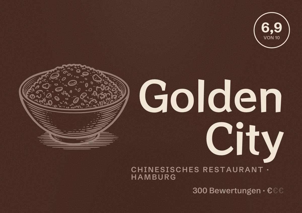 Illustriertes Poster von Golden City, Chinesisches Restaurant in Hamburg: Bewertung 6,9 von 10 aus 300 Bewertungen, Preisniveau €
