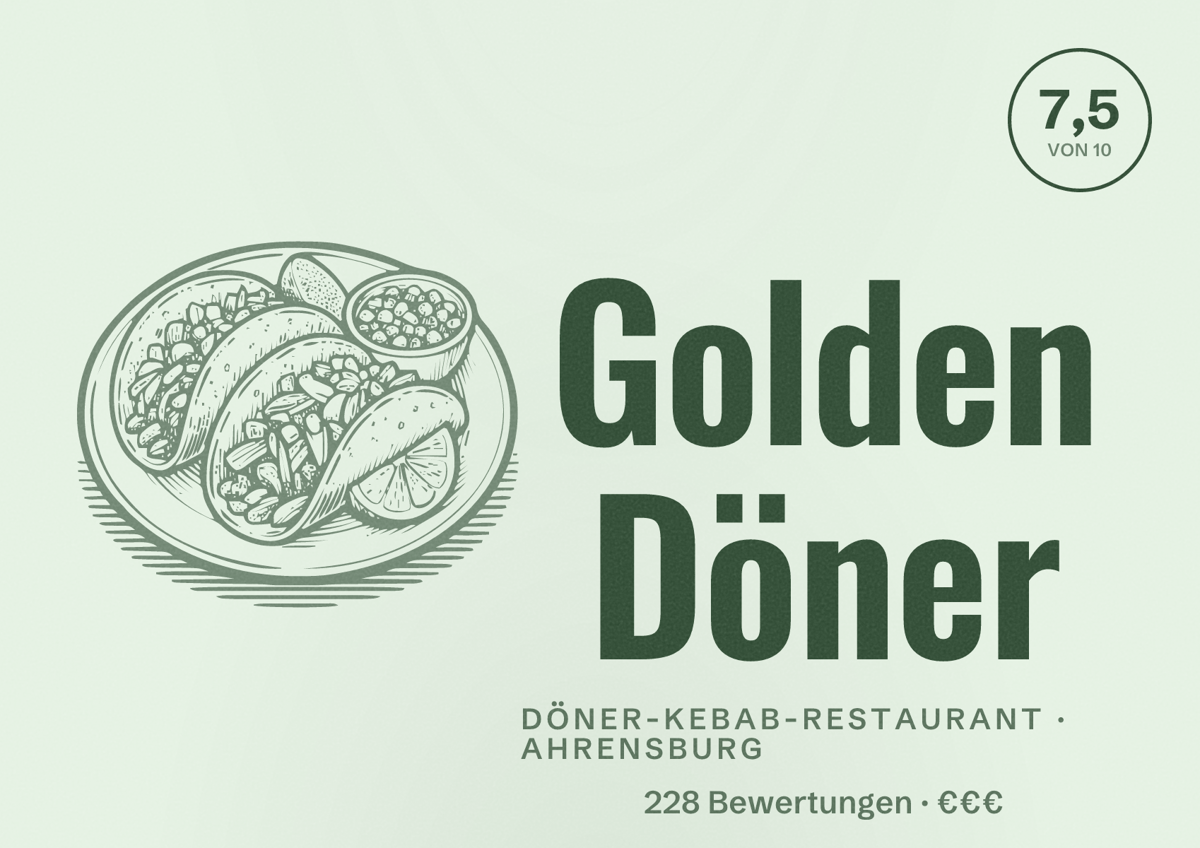 Illustriertes Poster von Golden Döner, Döner-Kebab-Restaurant in Ahrensburg: Bewertung 7,5 von 10 aus 228 Bewertungen, Preisniveau €€€