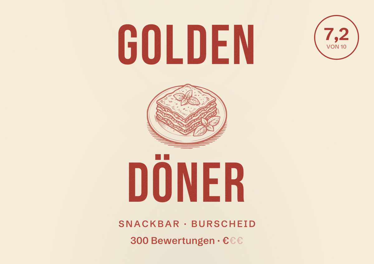 Illustriertes Poster von Golden Döner, Snackbar in Burscheid: Bewertung 7,2 von 10 aus 300 Bewertungen, Preisniveau €