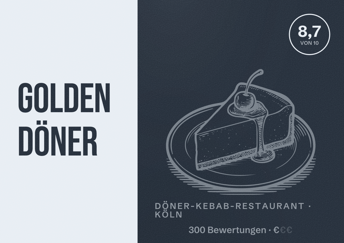 Illustriertes Poster von Golden Döner, Döner-Kebab-Restaurant in Köln: Bewertung 8,7 von 10 aus 300 Bewertungen, Preisniveau €
