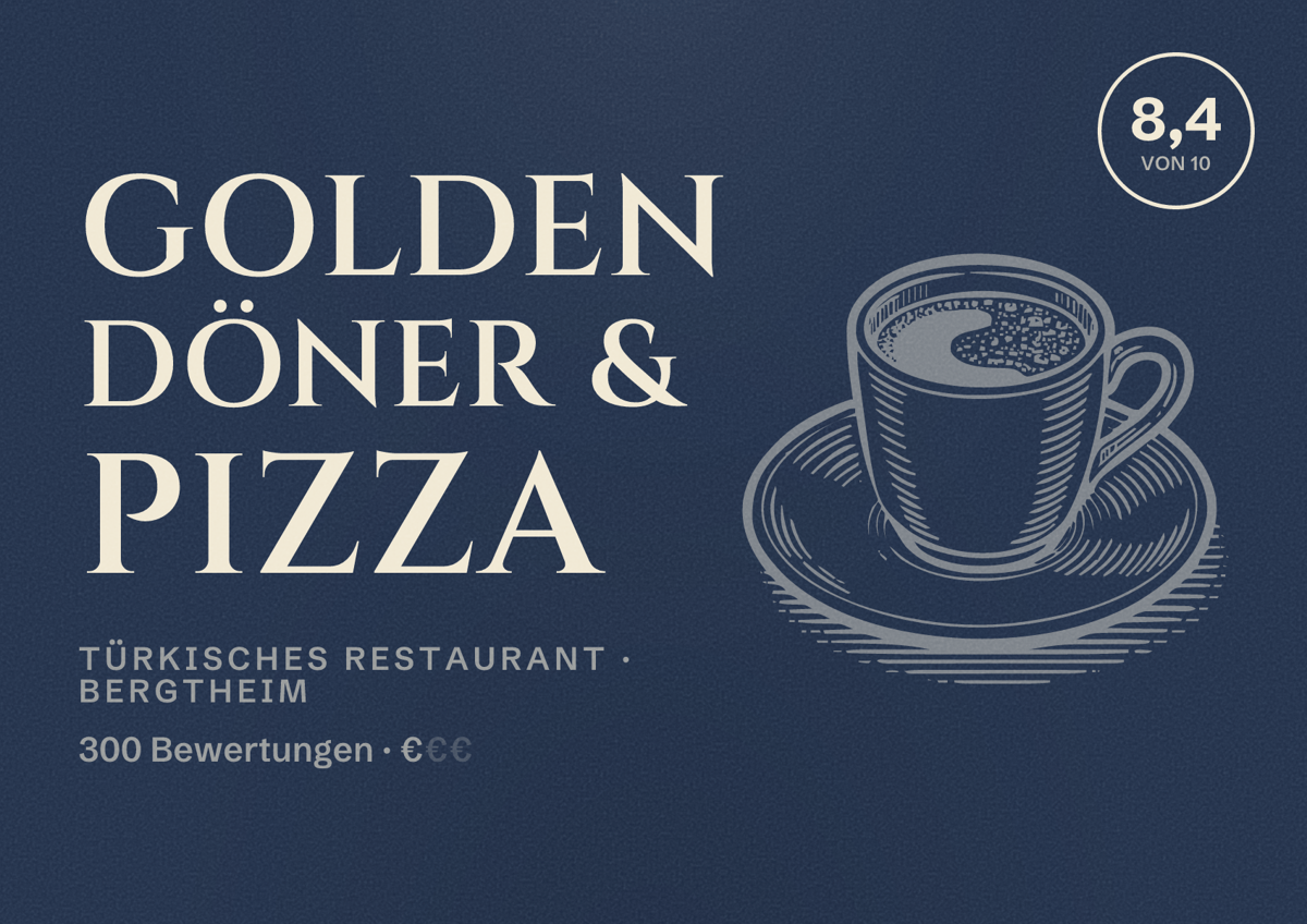 Illustriertes Poster von Golden Döner & Pizza, Türkisches Restaurant in Bergtheim: Bewertung 8,4 von 10 aus 300 Bewertungen, Preisniveau €