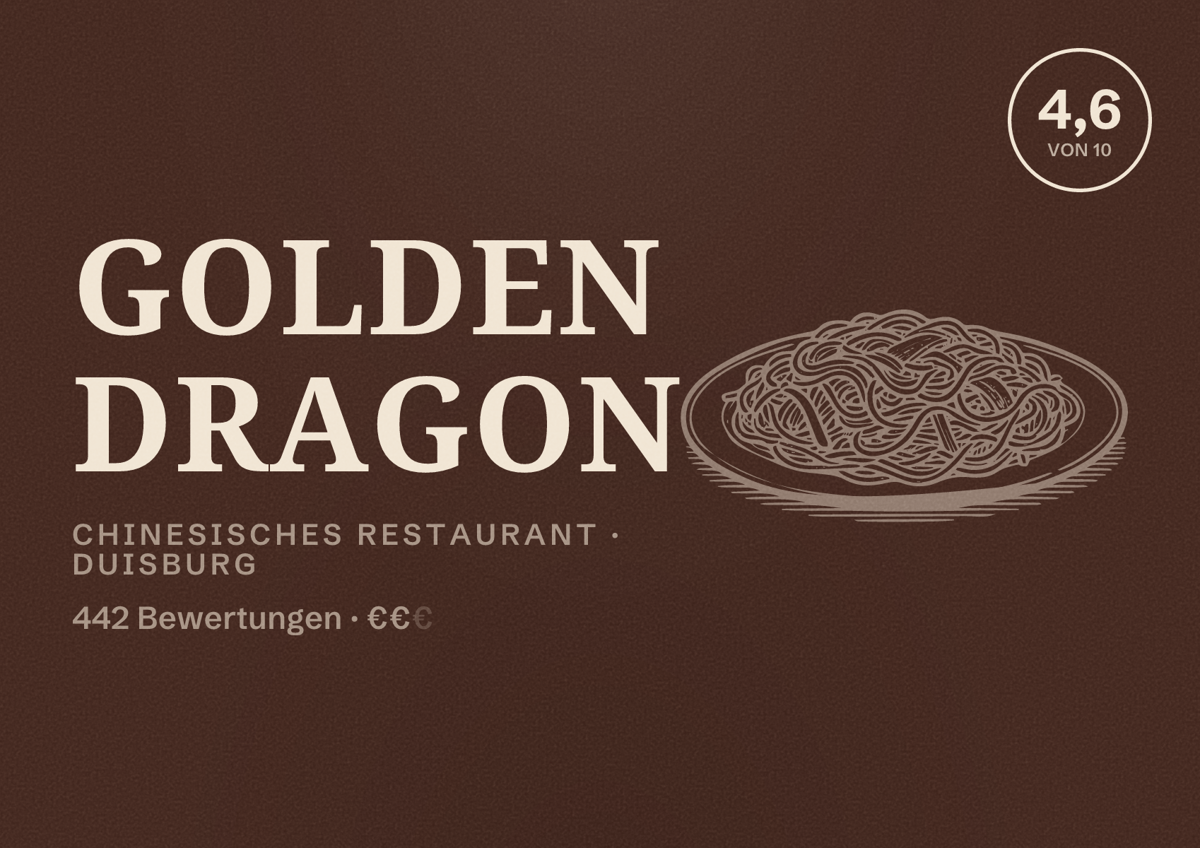 Illustriertes Poster von Golden Dragon, Chinesisches Restaurant in Duisburg: Bewertung 4,6 von 10 aus 442 Bewertungen, Preisniveau €€