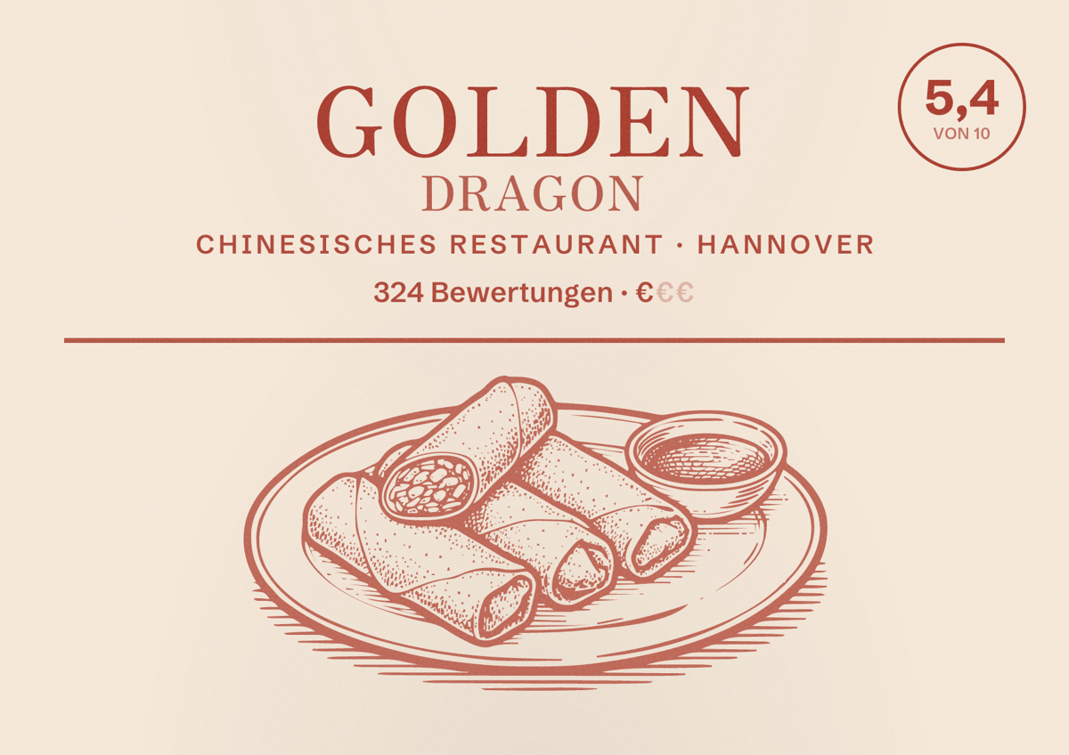 Illustriertes Poster von Golden Dragon, Chinesisches Restaurant in Hannover: Bewertung 5,4 von 10 aus 324 Bewertungen, Preisniveau €