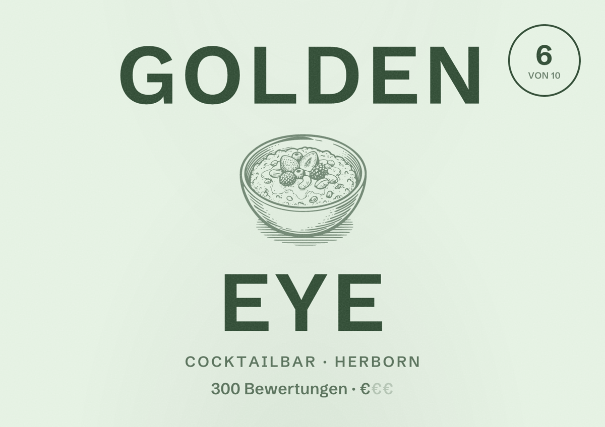 Illustriertes Poster von Golden Eye, Cocktailbar in Herborn: Bewertung 6 von 10 aus 300 Bewertungen, Preisniveau €