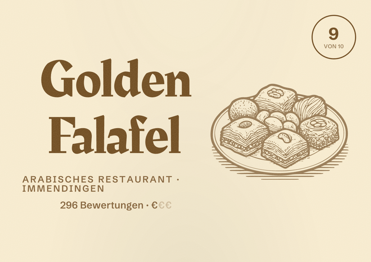 Illustriertes Poster von Golden Falafel, Arabisches Restaurant in Immendingen: Bewertung 9 von 10 aus 296 Bewertungen, Preisniveau €