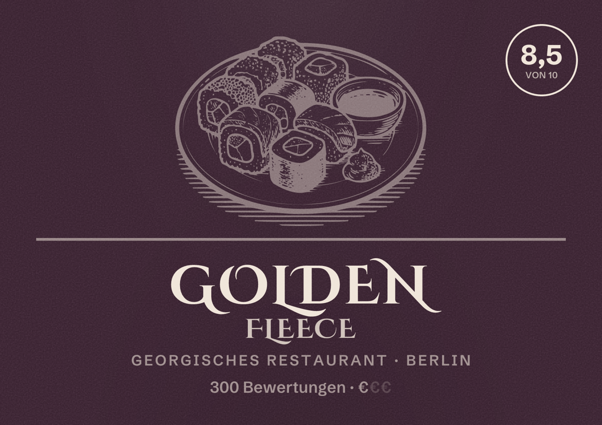 Illustriertes Poster von Golden fleece, Georgisches Restaurant in Berlin: Bewertung 8,5 von 10 aus 300 Bewertungen, Preisniveau €