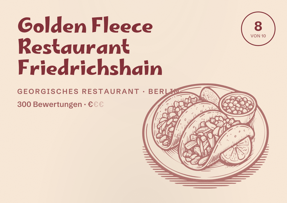 Illustriertes Poster von Golden Fleece Restaurant Friedrichshain, Georgisches Restaurant in Berlin: Bewertung 8,0 von 10 aus 300 Bewertungen, Preisniveau €