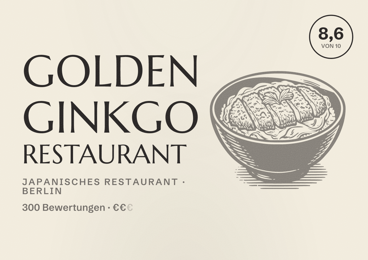 Illustriertes Poster von Golden Ginkgo Restaurant, Japanisches Restaurant in Berlin: Bewertung 8,6 von 10 aus 300 Bewertungen, Preisniveau €€
