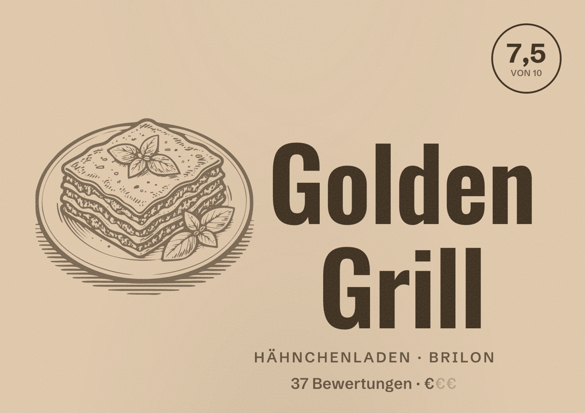 Illustriertes Poster von Golden Grill, Hähnchenladen in Brilon: Bewertung 7,5 von 10 aus 37 Bewertungen, Preisniveau €
