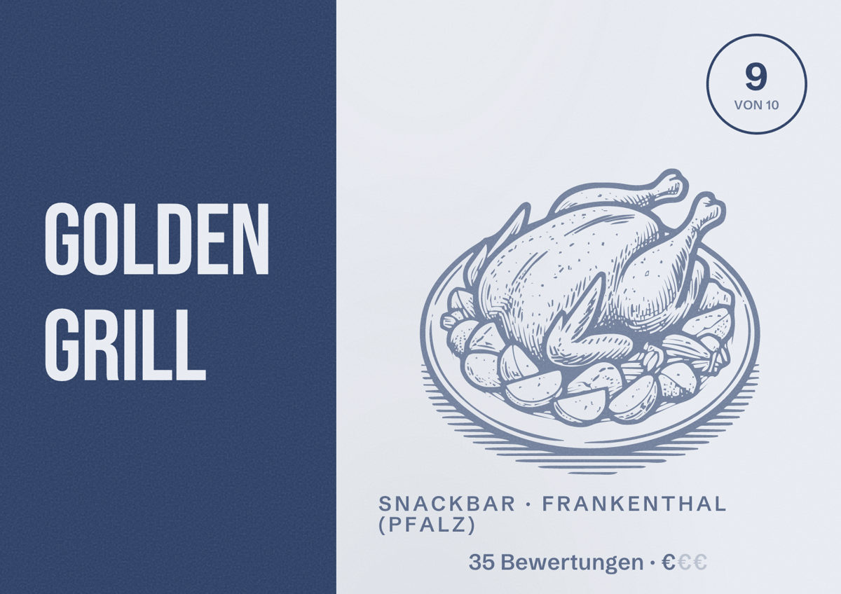 Illustriertes Poster von Golden Grill, Snackbar in Frankenthal (Pfalz): Bewertung 9 von 10 aus 35 Bewertungen, Preisniveau €