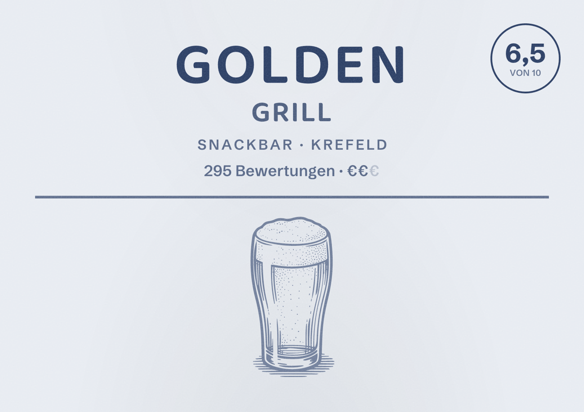 Illustriertes Poster von Golden Grill, Snackbar in Krefeld: Bewertung 6,5 von 10 aus 295 Bewertungen, Preisniveau €€