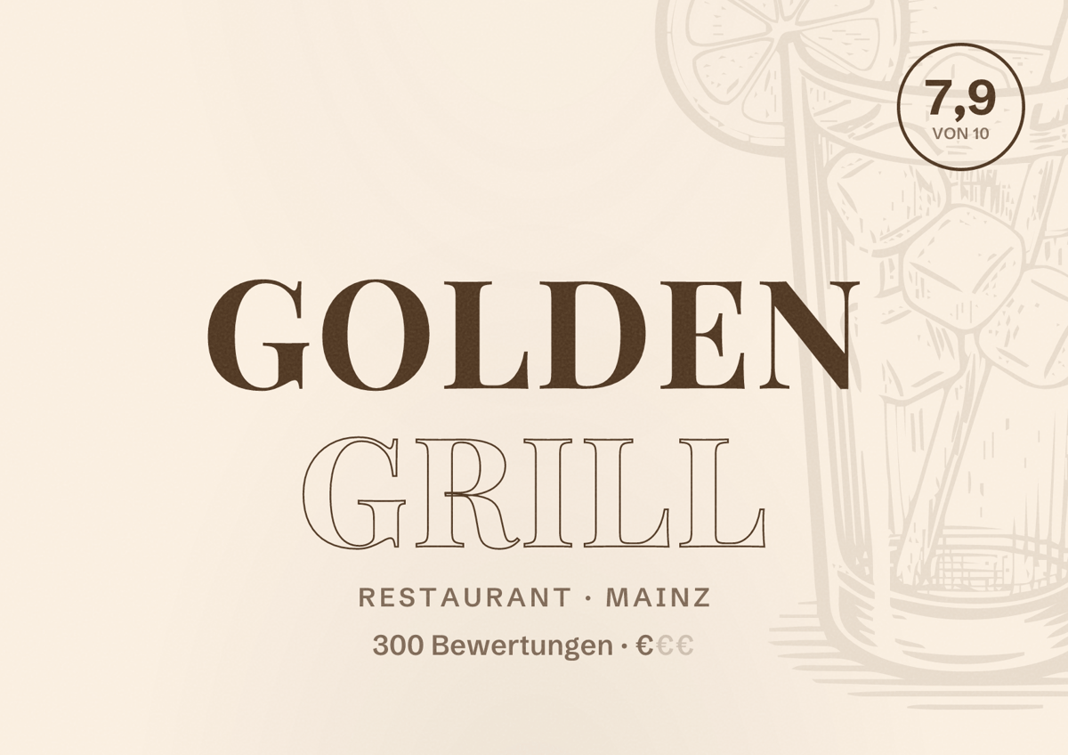 Illustriertes Poster von Golden Grill, Restaurant in Mainz: Bewertung 7,9 von 10 aus 300 Bewertungen, Preisniveau €