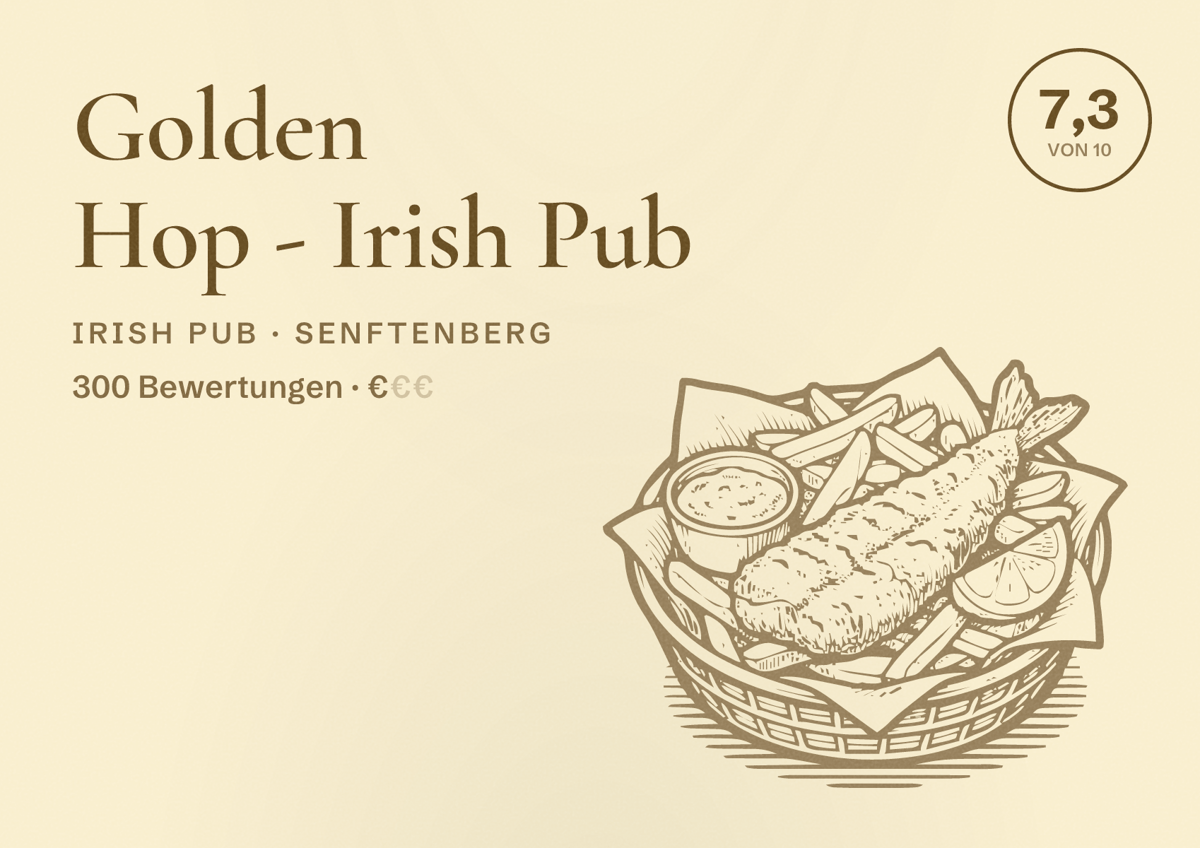 Illustriertes Poster von Golden Hop - Irish Pub, Irish Pub in Senftenberg: Bewertung 7,3 von 10 aus 300 Bewertungen, Preisniveau €